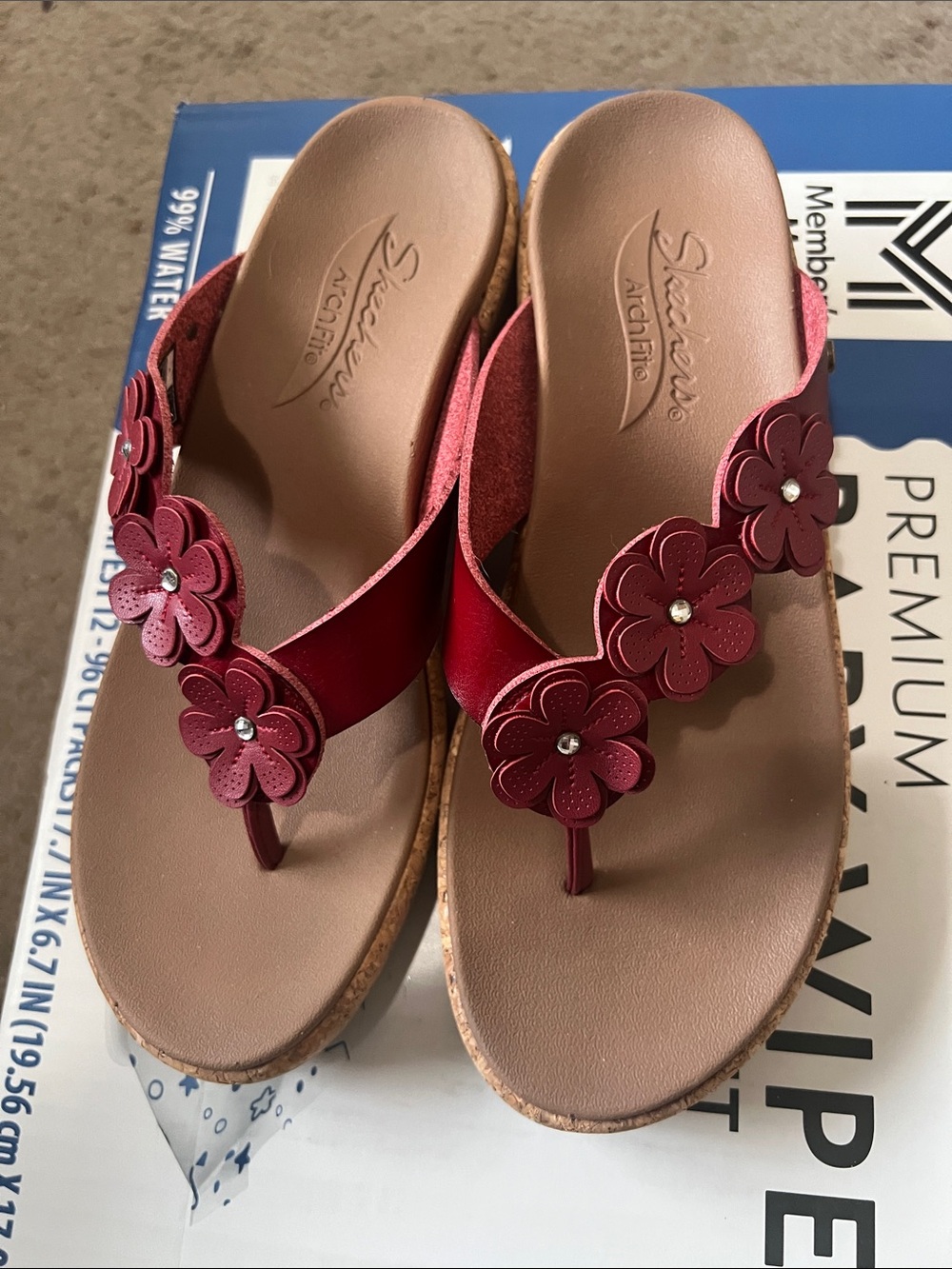 Skechers Red Floral Thong Sandals with Brown Footbed